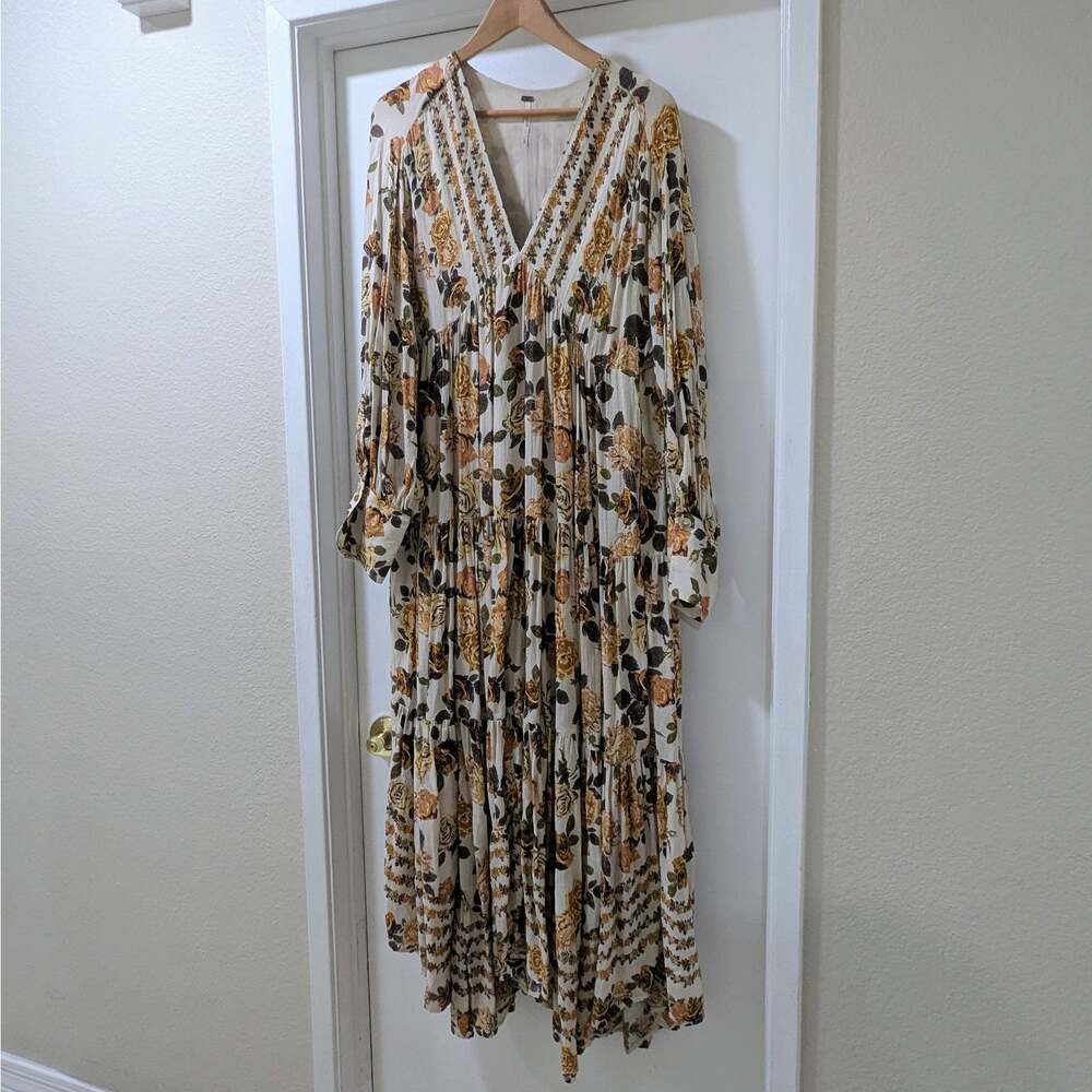 Free People Rows of Roses Maxi Dress in Ivory Combo Size Large Boho Floral Fall - Picture 3 of 7